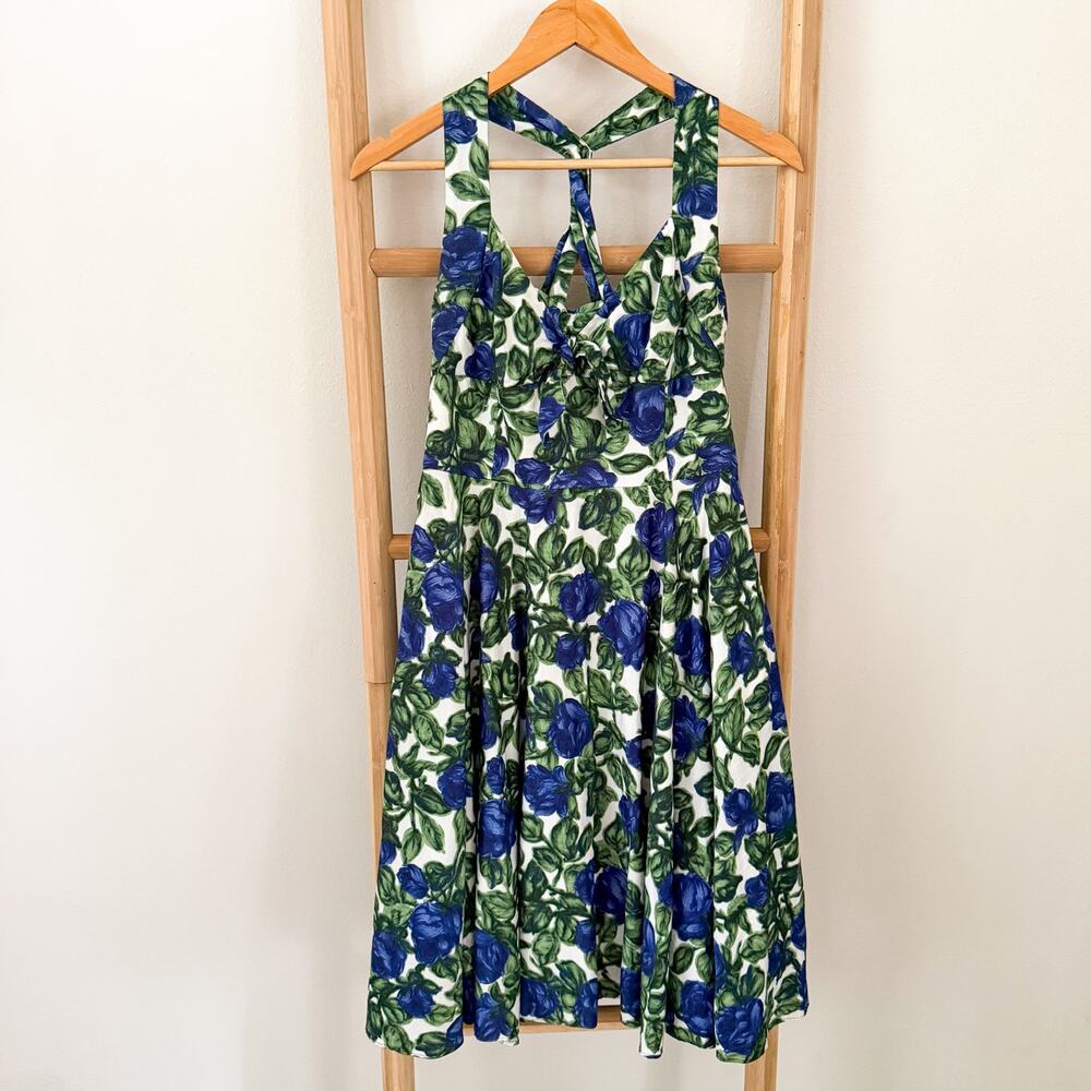 Milly of New York Midi Dress Size 10 Blue Floral Fit & Flare Cotton USA